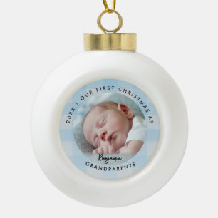 Eerste kerst grootouders blauwe check baby foto keramische bal ornament