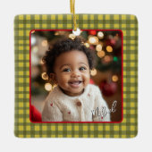 Eerste kerst Grootouders Foto Green Gingham Keramisch Ornament (Voorkant)