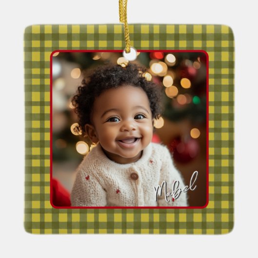 Eerste kerst Grootouders Foto Green Gingham Keramisch Ornament (Voorkant)