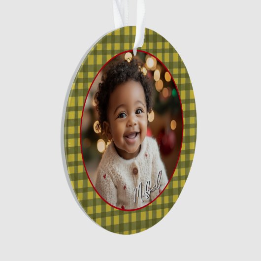 Eerste kerst Grootouders Foto Green Gingham Ornament (voorkant)