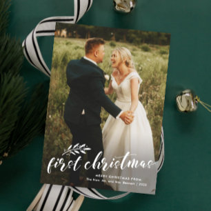 Eerste kerst handgeschreven trouwfoto feestdagenkaart