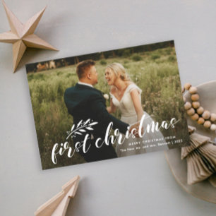 Eerste kerst handgeschreven trouwfoto feestdagenkaart