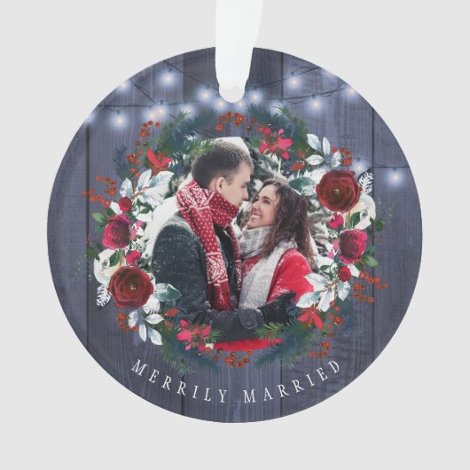 Eerste kerst heer en mevrouw rustieke bloemenfoto ornament (voorkant)