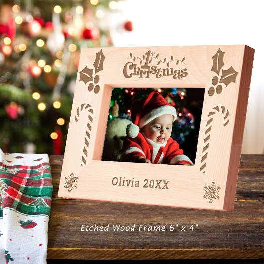 Eerste kerst Holly, snoep Canes, Show naam 6x4 Gegraveerde Lijstjes