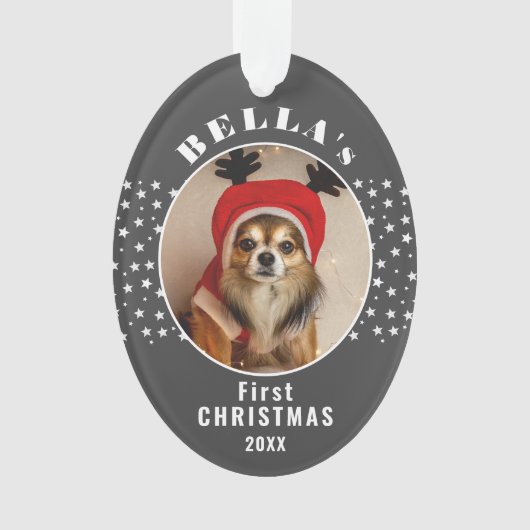 Eerste kerst hond huisdier foto sterren roze grijs ornament (voorkant)