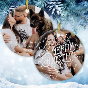 Eerste kerst hond moderne kalligrafie huisdier fot keramisch ornament