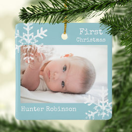 Eerste Kerst Ice Blue Custom Foto Sneeuwvlokken Keramisch Ornament