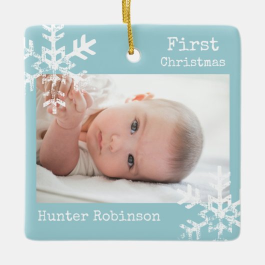 Eerste Kerst Ice Blue Custom Foto Sneeuwvlokken Keramisch Ornament (Voorkant)