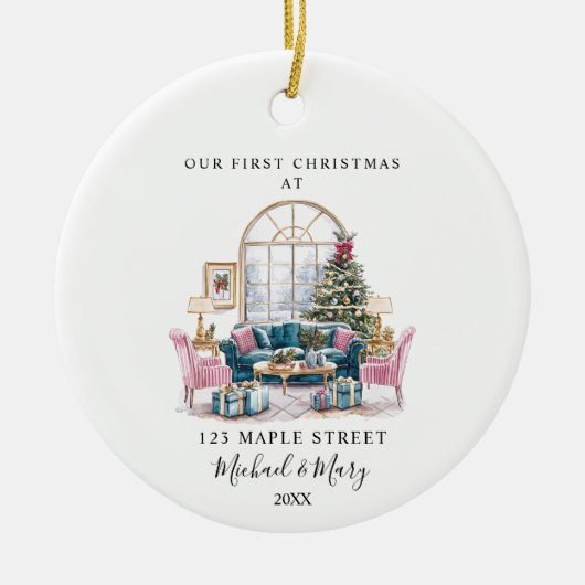 Eerste kerst in een nieuw huis met adres en naam keramisch ornament (Voorkant)