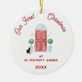 Eerste kerst in een nieuwe huis Cat Waterverf Keramisch Ornament (Voorkant)