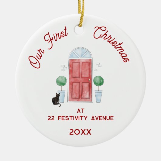 Eerste kerst in een nieuwe huis Cat Waterverf Keramisch Ornament (Voorkant)