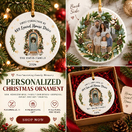Eerste kerst in foto van nieuw huis keramisch ornament