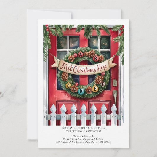 Eerste kerst in New Home Krans met Initialen Feestdagenkaart (Voorkant)