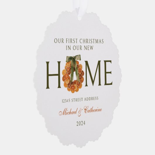 Eerste kerst in New Home Sinaasappel Krans Ornament Kaart (Rechts)