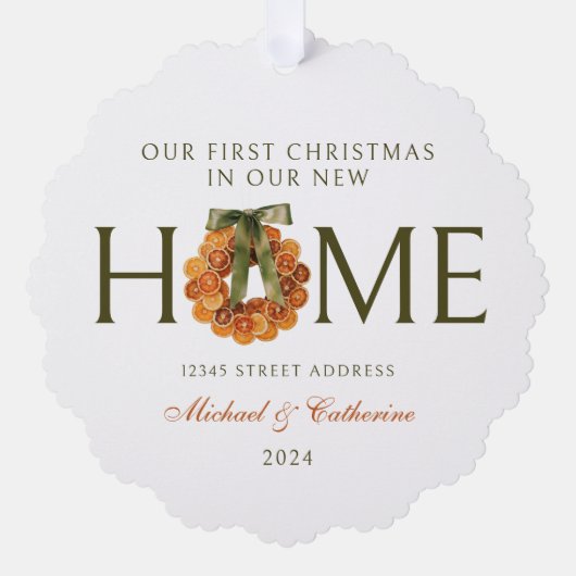 Eerste kerst in New Home Sinaasappel Krans Ornament Kaart (Voorkant)