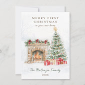 Eerste kerst in New Home Tree Fire Place Feestdagenkaart (Voorkant)