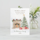 Eerste kerst in New Home Tree Fire Place Feestdagenkaart (Staand voorkant)