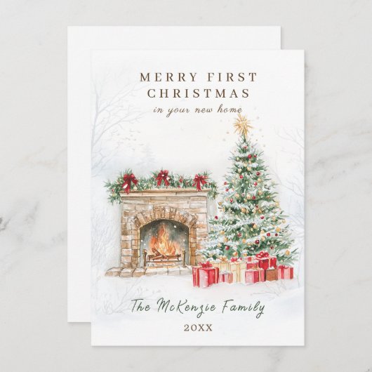 Eerste kerst in New Home Tree Fire Place Feestdagenkaart (Voorkant / Achterkant)