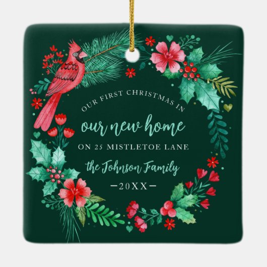 Eerste kerst in New Home Waterverf krans Keramisch Ornament (Achterkant)