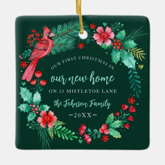Eerste kerst in New Home Waterverf krans Keramisch Ornament (Voorkant)