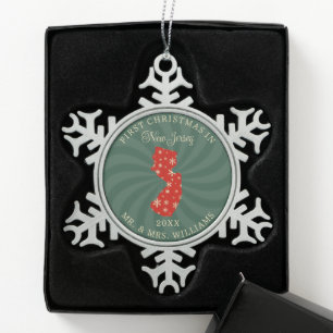 Eerste kerst in New Jersey Rood Groen Goud Tin Sneeuwvlok Ornament