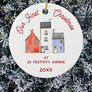 Eerste kerst in nieuw thuis Aquarel huis Keramisch Ornament