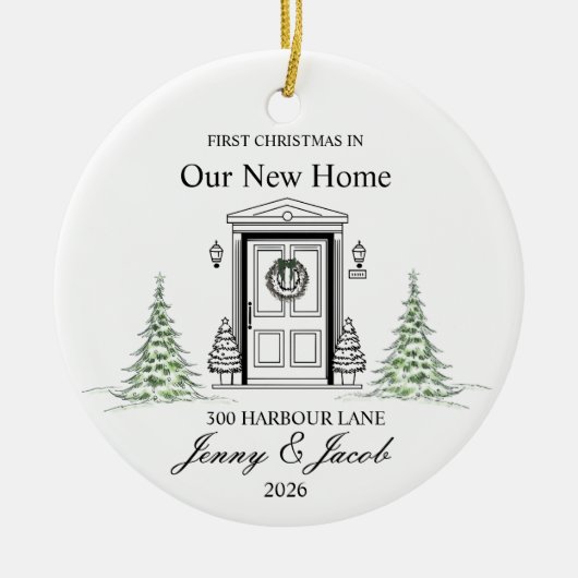 Eerste kerst in ons nieuwe huis 2026 gepersonalise keramisch ornament (Voorkant)