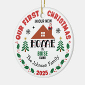 Eerste kerst in ons nieuwe huis aangepaste naam keramisch ornament (Links)
