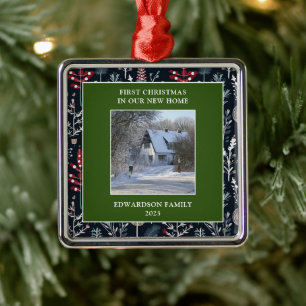 Eerste kerst in ons nieuwe huis foto familienaam metalen ornament