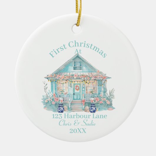 Eerste kerst in ons strandhuis keramisch ornament (Voorkant)