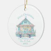 Eerste kerst in ons strandhuis keramisch ornament (Links)