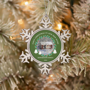 Eerste kerst in onze nieuwe thuis huis foto tin sneeuwvlok ornament
