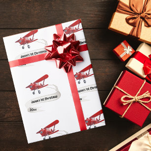 Eerste kerst Kerstman vliegt in vliegtuig Persoonl Cadeaupapier