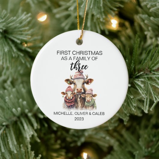 Eerste kerst Koe Familie van Drie Keramisch Ornament (Boom)