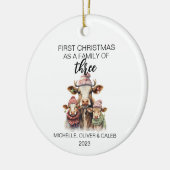 Eerste kerst Koe Familie van Drie Keramisch Ornament (Links)