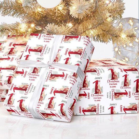 Eerste kerst konijn naam Baby rood nummer één Cadeaupapier