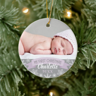 Eerste kerst Lavendel Paarse Baby Meisje Foto Keramisch Ornament
