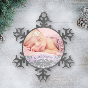 Eerste kerst Lavendel Paarse Baby Meisje Foto Tin Sneeuwvlok Ornament