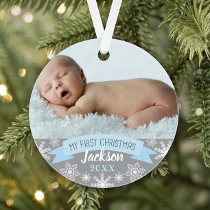 Eerste kerst lichtblauwe baby jongen foto ornament