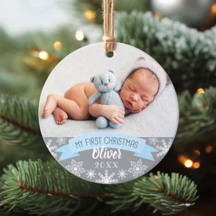 Eerste kerst lichtblauwe baby jongen foto ornament