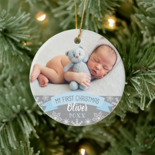Eerste kerst lichtblauwe babyjongen foto keramisch ornament (Boom)