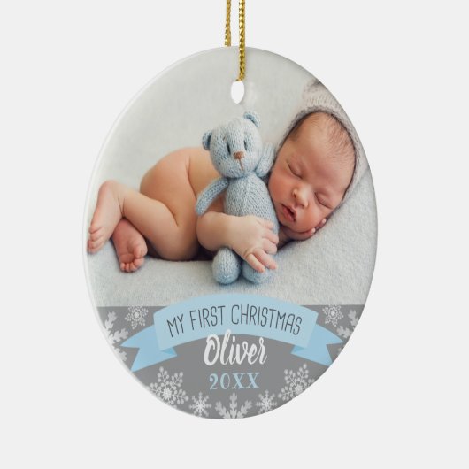 Eerste kerst lichtblauwe babyjongen foto keramisch ornament (Rechts)