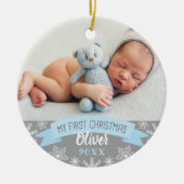 Eerste kerst lichtblauwe babyjongen foto keramisch ornament (Voorkant)