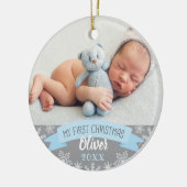 Eerste kerst lichtblauwe babyjongen foto keramisch ornament (Links)