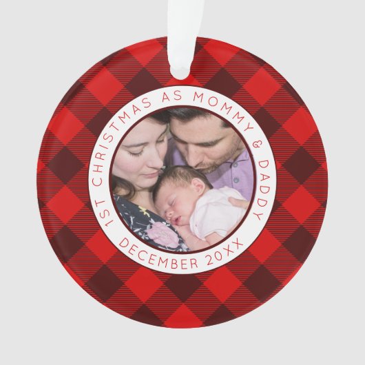 Eerste kerst Mama Daddy Foto Red Plaid Ornament (voorkant)