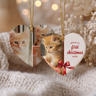 Eerste kerst met onze kitten 4 foto rode strik keramisch ornament