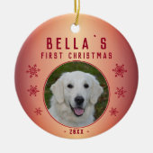 Eerste Kerst Metallic Rode Sneeuwvlok Puppy Foto Keramisch Ornament (Voorkant)