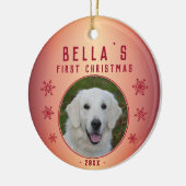 Eerste Kerst Metallic Rode Sneeuwvlok Puppy Foto Keramisch Ornament (Links)