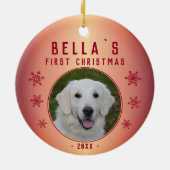 Eerste Kerst Metallic Rode Sneeuwvlok Puppy Foto Keramisch Ornament (Achterkant)