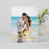 Eerste kerst-minimalistische scripttypografie foto folie feestdagenkaart (Staand Voorkant)